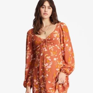 Billabong True Romance Dress Sweet Chocolate Square neck Elbow puff sleeves L